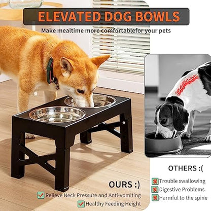 FOREYY Adjustable Elevated Dog Bowls with 2 Stainless Steel Bowls and 1 Slow Bowl, Raised Dog Bowl 5 Heights, Non-Slip Dog Food water Bowl Stand for Small Medium Large Dogs(Gary)