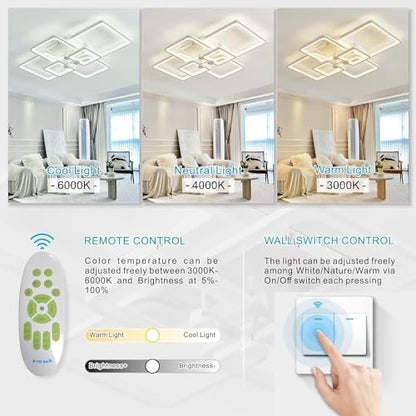 HIHIHOMY Modern LED Ceiling Light Dimmable with Remote Control 6-Ring Living Room Geometric Design 78 W 6630 LM, White for Bedroom, Kitchen, 3000-6500 K Lamp [Energy Class F]