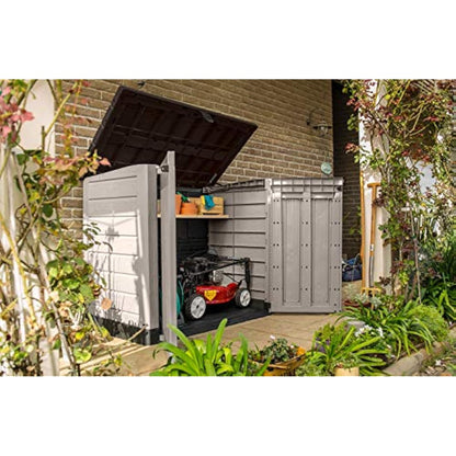 Keter Store It Out Pro Outdoor Garden Furniture Storage Shed Beige with Brown Lid Fade Free All Weather Resistant Safe and Secure Zero Maintenance 5 year Warranty