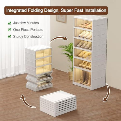 6PCS Shoe Storage Box White Shoe Storage Cabinet Plastic Shoe Boxe Shoe Racks Storage for Sneaker Boot Container Shoe Rack Cabinet Clear Foldable with