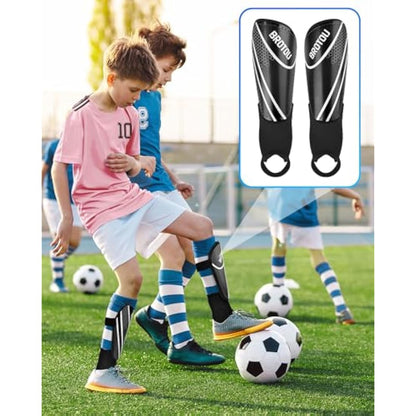 Youth Football Shin Guards, BROTOU High Strength Junior Shin Pads with Calf & Ankle Protection, Lightweight Design, Breathable, Non Slip Extended Adjustable Straps, for Boys and Girls