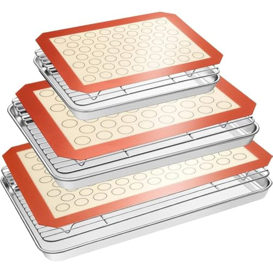 Baking Sheet Tray Cooling Rack with Silicone Mat Set, Stainless Steel Cookie Pan for Oven, Set of 9 (3 Sheets + 3 Racks + 3 Mats), Warp Resistant & Heavy Duty Easy Clean