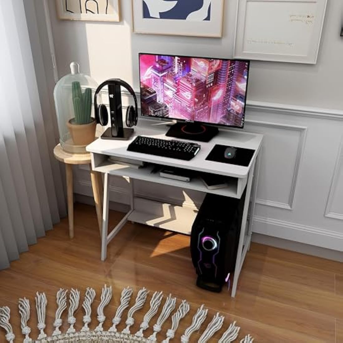 DEILALY Small Desk 80cm with Drawer Space and Under Storage Shelf Computer Wood Desk Metal Frame Writing Table Study Desk Work Station Gaming Desk Table Home Office Bedroom White