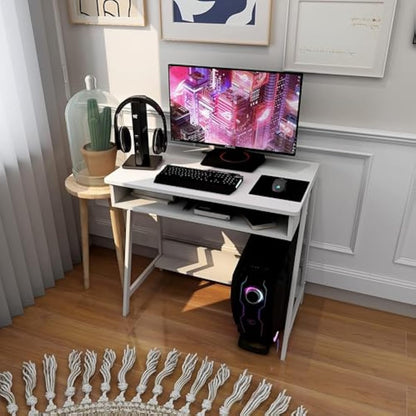 DEILALY Small Desk 80cm with Drawer Space and Under Storage Shelf Computer Wood Desk Metal Frame Writing Table Study Desk Work Station Gaming Desk Table Home Office Bedroom White