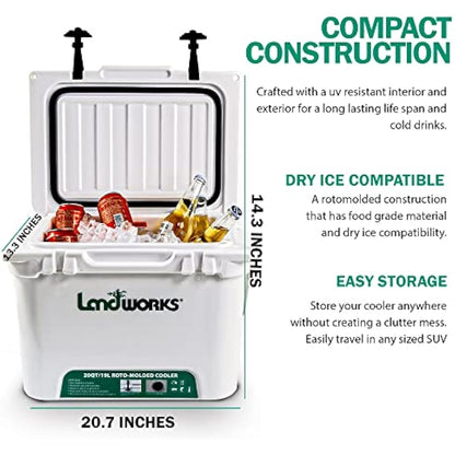 Landworks ENHANCED Rotomolded Cooler 20-45QT, 5-10 Day Ice Retention, Dry Ice Compatible, UV Protection, 15mm Gasket, 2 Bottle Openers, Vacuum Release Valve
