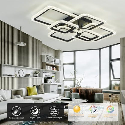 HIHIHOMY Modern LED Ceiling Lights for Living Room, Crystal Led Ceiling Light for Dining Room,Dimmable with Remote Ceiling Lamps for Kitchen,Black Flush Mount Led Ceiling Light with 6 Square Frame