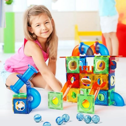 Magblock 122 PCS Magnetic Building Blocks Marble Run Toy for Kid, Magnetic Tiles STEM Construction Gift Toys for Boys Girls Age 3 4 5 6 7 Years Old