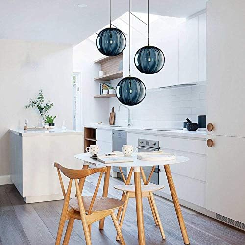 LFsem 3 Lights Pendant Lighting Fixture with 15cm Glass Globe Lampshades, E14 Gold Metal Fittings, Height Adjustable Ceiling Pendant Light for Dining Room Over The Table and Kitchen Island (Blue)