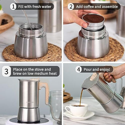 Sivaphe Moka Pot Espresso Maker, Stovetop Coffee Makers, Induction Hob Stainless Steel 6 Italian Cup 300ml 1-2 Mug