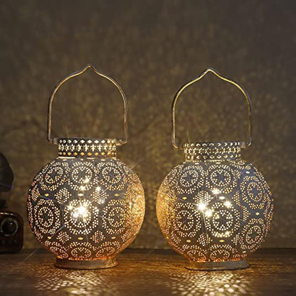 TRIROCKS Set of 2 Moroccan Style Metal Table Lamp 18cm H Battery Powered Cordless Lanterns with LED Fairy Lights Bulb Perfect for Home Living Room Parties Tabletop Indoors (White)