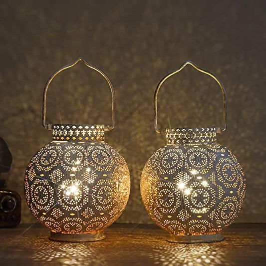 TRIROCKS Set of 2 Moroccan Style Metal Table Lamp 18cm H Battery Powered Cordless Lanterns with LED Fairy Lights Bulb Perfect for Home Living Room Parties Tabletop Indoors (White)