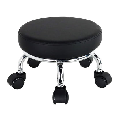 WKWKER Roller Seat PU Leather Low Round Rolling Stool Small Chair with Universal Swivel Caster Wheels for Home Office Garage Shop Fitness Sport（Black）