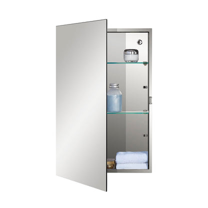 Fundin Stainless Steel Bathroom Mirror Cabinet, Single Door with Adjustable Glass Shelves, Surface Mounted, 40cm W x 60cm H, Mirrored Finish