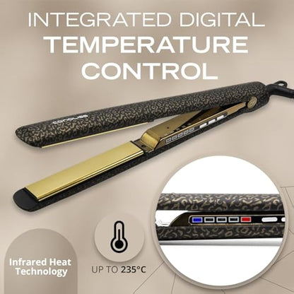 Corioliss C3 Hair Straightener for Women | Professional Extra Long Titanium Plates | Ionic Flat Iron | Temperature Control 135°C-235°C | 20-Second Heat-Up | Travel Case | UK Plug | Leopard Gold