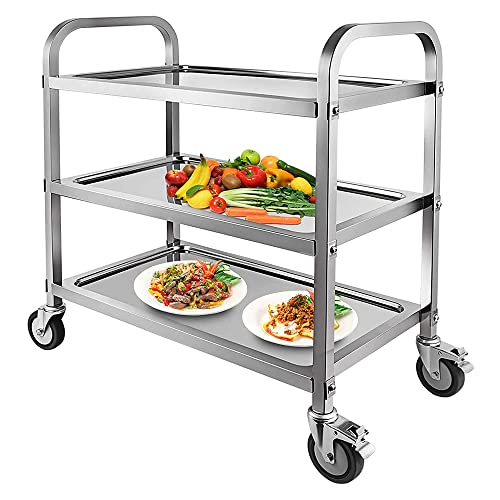 Nisorpa 3 Tier Stainless Steel Catering Trolley Wheels Utility Cart Kitchen Cart Serving Trolley with Locking Wheels for Kitchen Hotels -