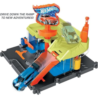 Hot Wheels City Toy Track Set, Downtown Express Car Wash Playset with 1:64 Scale Vehicle, Foam Roller & Drying Flaps, HDR27