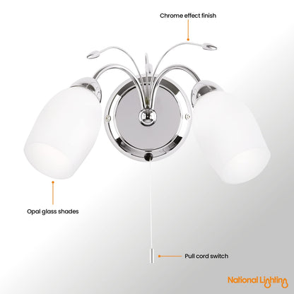 Albert Decorative Wall Light  Dimmable Indoor Home Lights - Wall Light With Pull Chord Switch  Led Sconce 40W Twin Wall Lamp  IP44 Rated Hallway