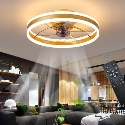 OMGPFR LED Ceiling Fan with Lights, Reversible Remote, 6 Speeds Modern Bedroom Fan Light, Quiet Dimmable Small Ceiling Light for Living Room, Gold 50CM