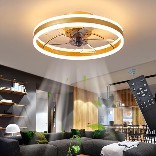 OMGPFR LED Ceiling Fan with Lights, Reversible Remote, 6 Speeds Modern Bedroom Fan Light, Quiet Dimmable Small Ceiling Light for Living Room, Gold 50CM