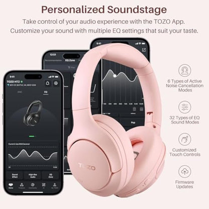 TOZO HT2 Hybrid Active Noise Cancelling Headphones, Wireless Over Ear Bluetooth Headphones, 60H Playtime, Hi-Res Audio Custom EQ via App Deep Bass Comfort Fit Ear Cups, for Home Office Travel Pink