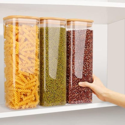 Finew 2100ml Glass Storage Jars with Lids, 3 Pack Airtight Glass Jars & Canisters, Square Spice Jars for Pasta Flour Spices Cookie Sugar Tea Coffee Beans