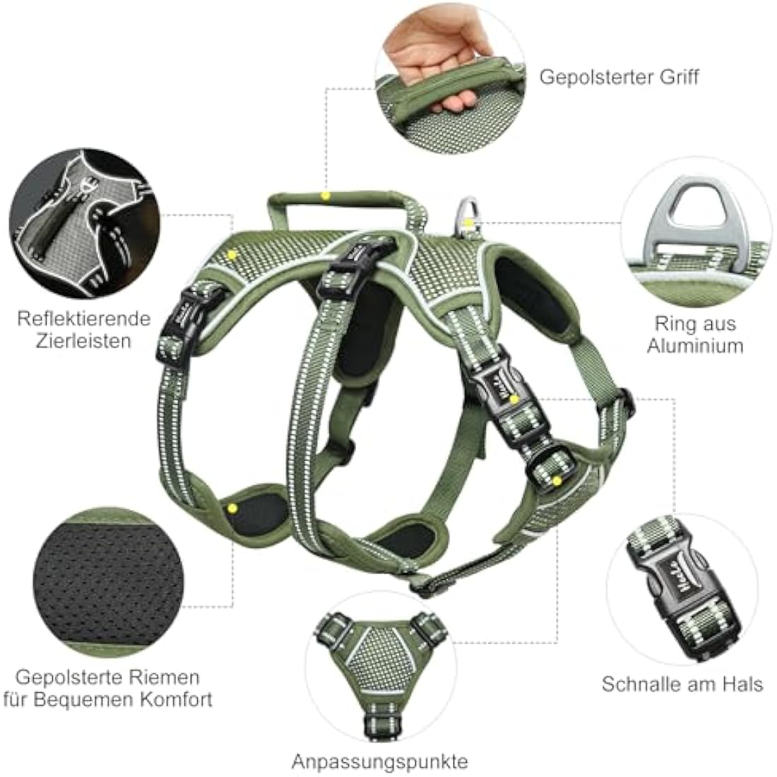 HEELE Escape Proof Dog Harness - Release on Neck, No Pull Reflective Adjustable Vest with Durable Handle, Harness for Big/Active Dogs, Green, XL