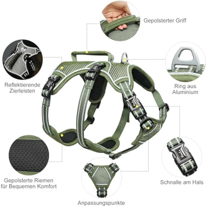 HEELE Escape Proof Dog Harness - Release on Neck, No Pull Reflective Adjustable Vest with Durable Handle, Harness for Big/Active Dogs, Green, XL