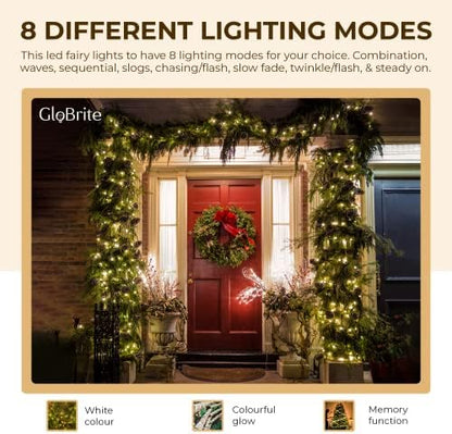 GloBrite Fairy Lights 1000 LED - Christmas Lights with 8 Modes Function for Christmas Tree Outdoor Lights Christmas Lights Garden Lights Christmas Tree Decorations - White