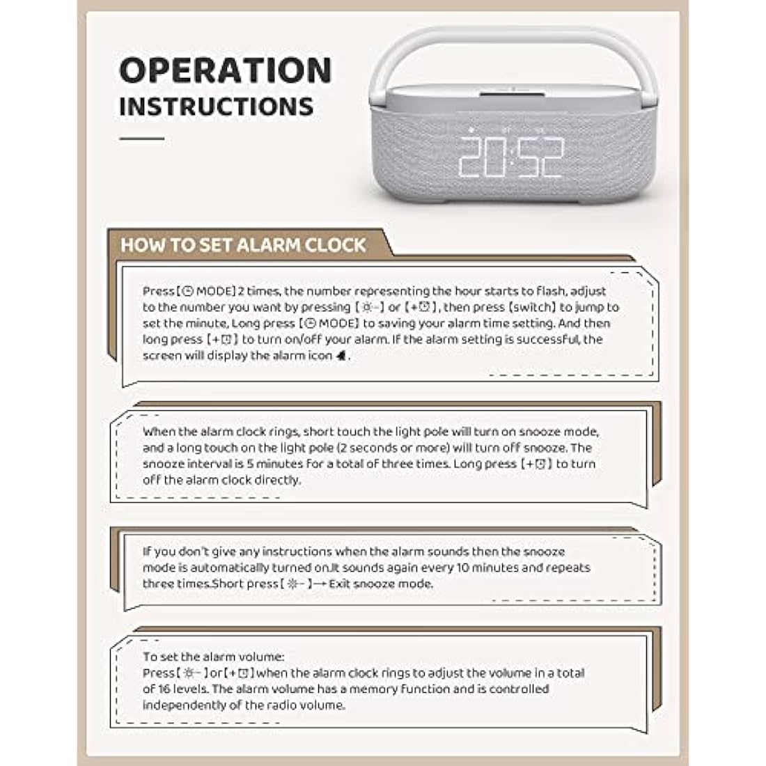 COLSUR Bluetooth Speaker with Radio, 15W Fast Wireless Charger, FM Radio, Bedside Night Light for Heavy Sleepers, Snooze, Dimmable LED Display, 2500mAh Battery USB Charging Port