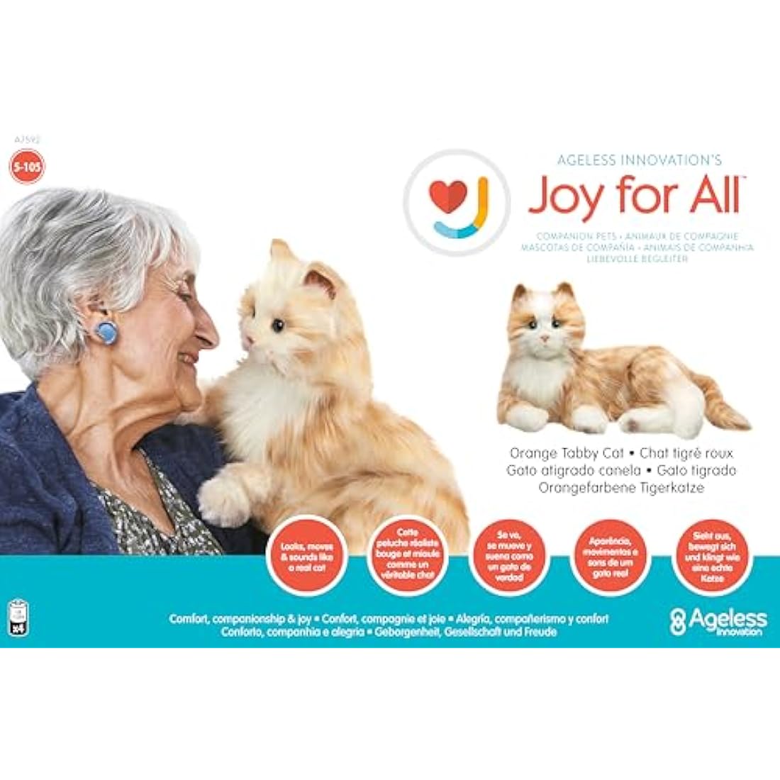 Ageless Innovation Joy For All Interactive Pet Cat - Lifelike & Realistic Companion with Soft Fur and Soothing Purrs, No Assembly Required - Orange Tabby
