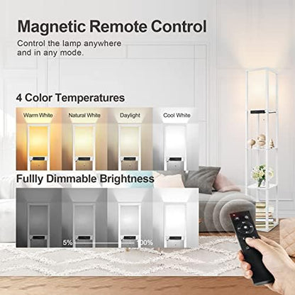 OUTON Floor Lamp Shelf with Remote Control, Dimmable & 4 Colour Temperature Adjustable, 1H Timer, LED Floor Lamp with 2 USB Ports, Floor Lamps with Lampshade for Living Room, Bedroom, Office(White)