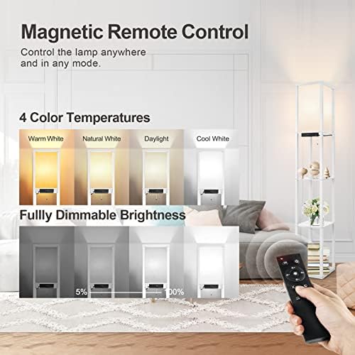 OUTON Floor Lamp Shelf with Remote Control, Dimmable & 4 Colour Temperature Adjustable, 1H Timer, LED Floor Lamp with 2 USB Ports, Floor Lamps with Lampshade for Living Room, Bedroom, Office(White)