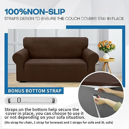 XINEAGE High Stretch Sofa Covers 3 Seater Latest Jacquard 1 Piece Sofa Slipcovers Living Room Universal Couch Covers for Dogs Pet Non Slip Sofa Furniture Protector Washable (3 Seater, Coffee)