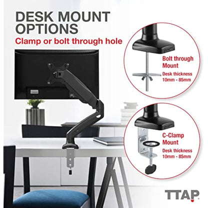 TTAP Single Gas Spring Monitor Arm Desk Mount Height Adjustable Fits 17” to 32" Monitors Maximum 9KG weight with VESA 75x75 and 100x100mm Clamp and Grommet Base Full Motion Monitor Mount