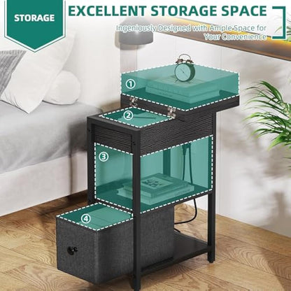 YITAHOME Narrow Side Table with Charging Station, Black Slim Side Table with Storage End Table with Drawers, Bedside Table with USB Ports Outlets Sofa Table Nightstand for Living Room, Bedroom