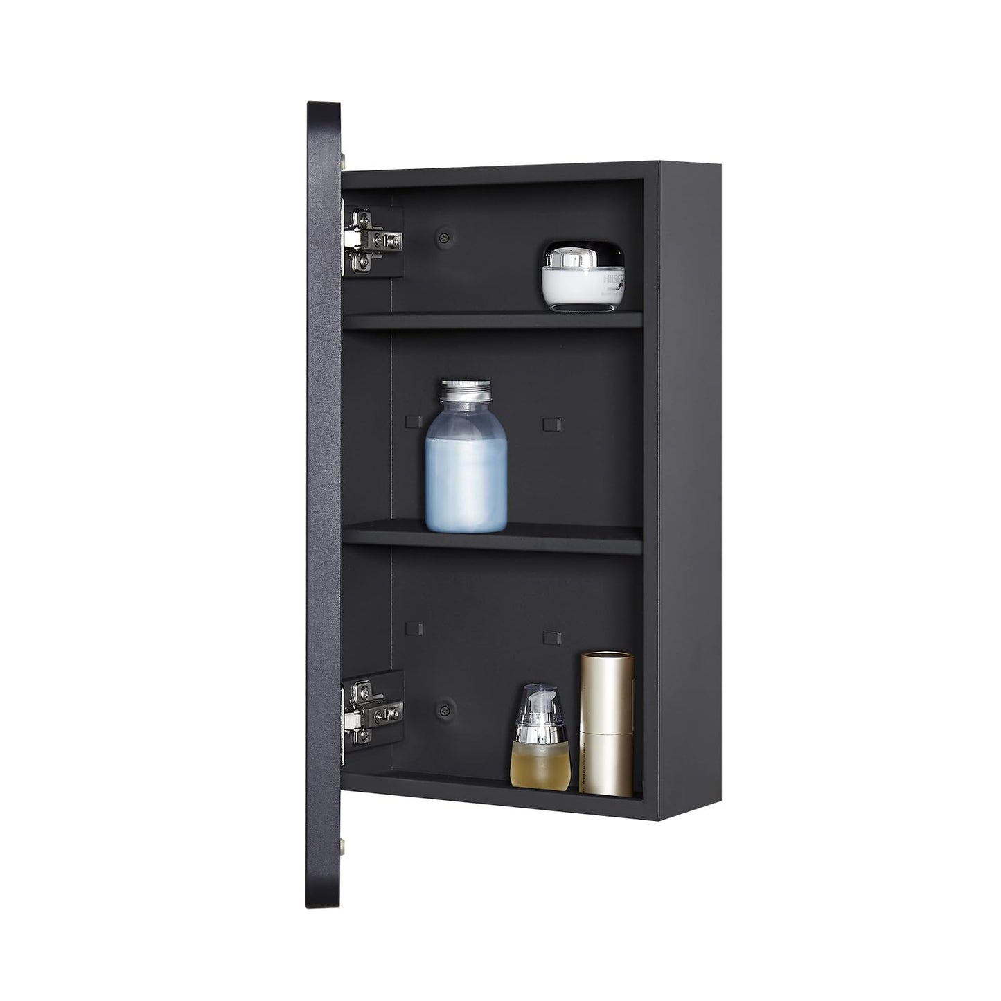 Fundin Bathroom Mirror Cabinet with Storage – Metal Framed Round Corner Door, Adjustable Shelves, Matte Black, Surface Mount Wall Mounted - 30 x 55 cm