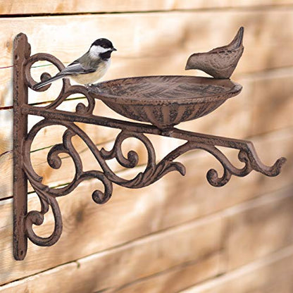 Relaxdays Cast Iron Bird Bath, Wall-Mount, Weatherproof, Stainless, Wild Bird, Garden Decor, HxWxD 24 x 28 x 14cm, Brown