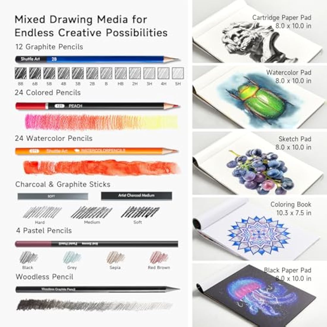 Shuttle Art 124 Pack Sketching and Drawing Pencils Set, Sketch Art Pencil Set with 4 Drawing Pads, Graphite Pencils in Zipper Case, Colouring Pencils for Artist Sketching, Art Set for Adults, Beginner