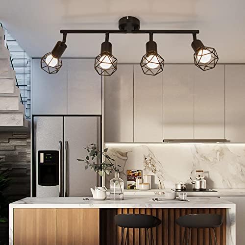 Spotlight Fitting, Retro Rotatable Ceiling Spotlight, Black Metal Iron Lampshade Ceiling Light, Adjustable Lamp for 4 E14 Bulb, Suitable for Living Room Bedroom Kitchen Loft Hallway