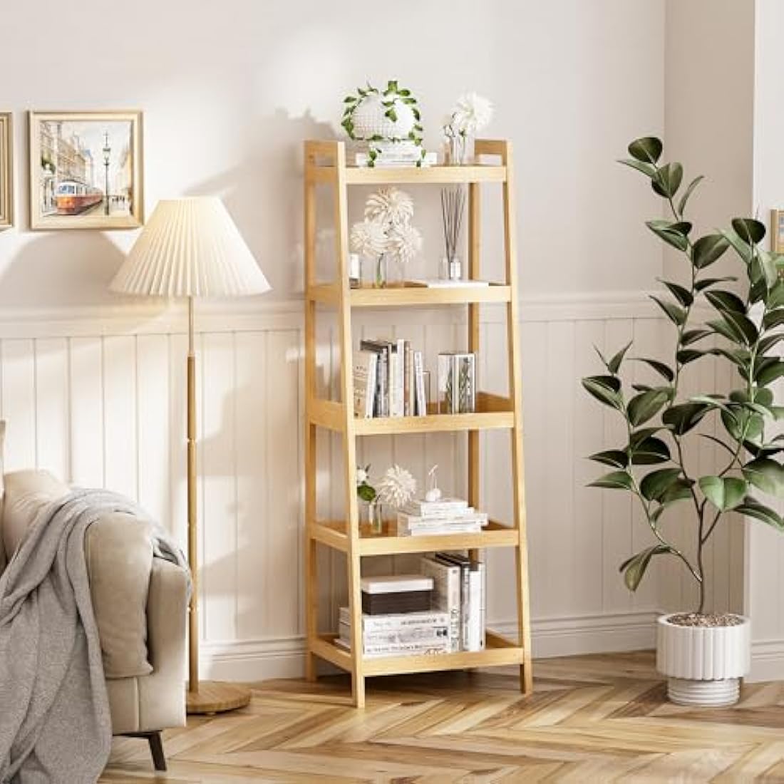 vovala Bookshelf, 5 Tier Ladder Bookcase with Bamboo Frame, Freestanding Tall Narrow Display Plant Shelf for Living Room, Kitchen, Bedroom, Balcony, Natural