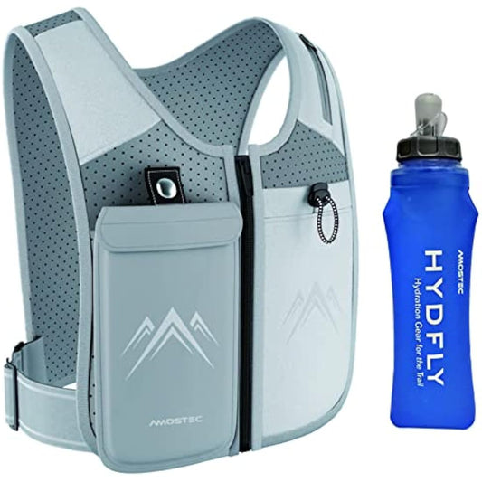 AMOSTEC Running Phone Holder Vest, Original Zip Front Reflective Running Vests with 500ml Hydration Bottle, 5 Pockets for Cards, Keys, Towels, Adjustable Waistband & Breathable Materials, Men & Women