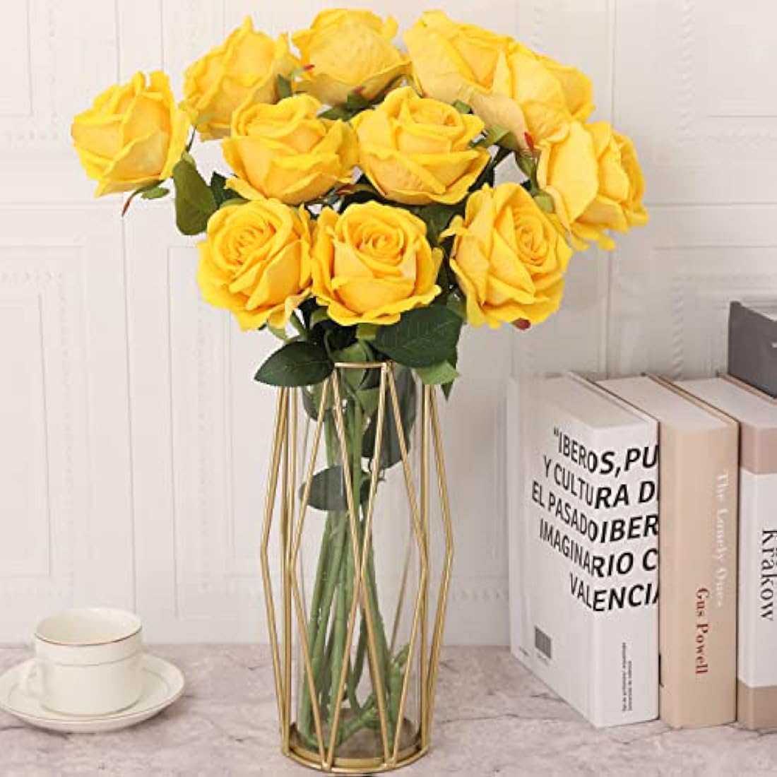 Cloudecor 15Pcs Artificial Roses Velet Real Touch Single Stem Fake Roses Silk Realistic Bouquet Flowers Arrangements Home Office Party Wedding Decoration (Round Roses - Yellow 15p)
