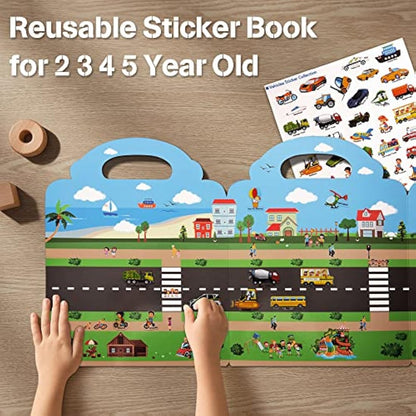 Surcotto Sticker Books for Children, Reusable Sticker Book for 2 3 4 Year Old Kids Boys Girls Toddlers, 3 Sets Reusable Stickers, Car Animal Dinosaur Stickers, Educational Learning Toy Travel Toys