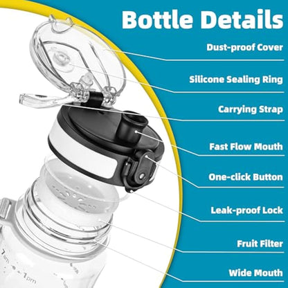 OLDLEY 1L/32oz Sports Water Bottle, 1000ml Motivational Drinks Bottle with Time Markings Leak Proof Drink & Lock Cover & No Straw, BPA Free for Adults Women Men Gym School Cycling Running Hiking