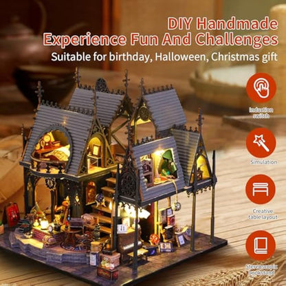 CRIOLPO DIY Doll Miniature House Kit, Book Nook Kit Doll house Miniature with Furniture DIY Wooden Crafts Mini Handmade Kit 3D Wooden Puzzle with Sensor Led Light (Luna's Magic House)