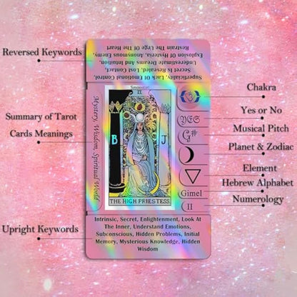 Smoostart Pink Holographic Tarot Cards with Meanings, Tarot Cards Deck with Guidebook for Beginners, Keywords, Element, Planet, Zodiac, Chakra, Yes or No, Musical Pitch, Numerology, Hebrew Alphabet