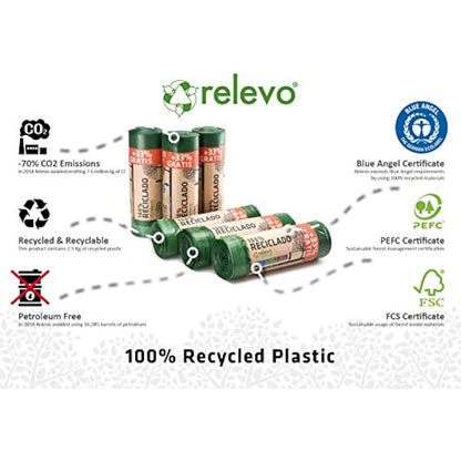 Relevo 30 Litre Bin Bags – Made from 100% Recycled Material. Green Bin Bags 30L – 55 cm x 60 cm. Includes 90 units of 30L Bin Liners with Drawstrings.