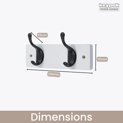 keypak 2 Matte Black Coat Hooks on White Wooden 22.5cm Board 3.4kg Per Hook