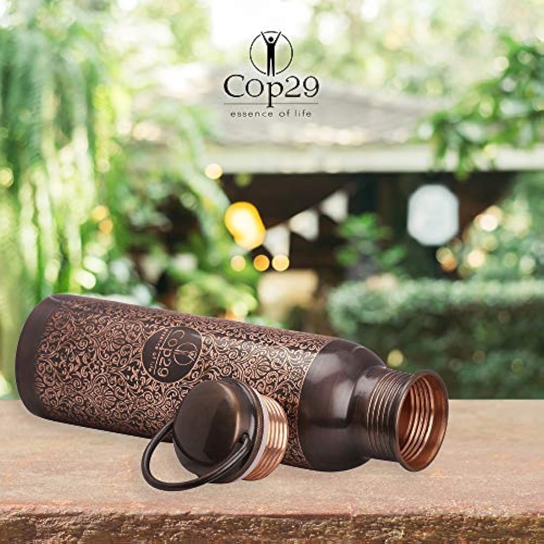 Cop29 Handcrafted Engraved Premium Design Pure Copper Tulip Antique Water Bottle with Handle : Joint Free & Leak Proof -900ml/30oz