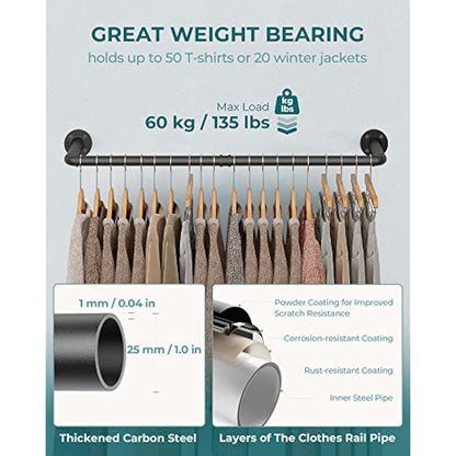 OROPY Industrial Pipe Clothes Bar Rack, Set of 2, 92cm Wall Mounted Detachable Retro Metal Garment Hanging Storage Rail (Double Base)